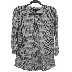 Tango Mango V-Neck 3/4 Sleeve Tunic Top Black/Gray/White Stripes Size Medium
